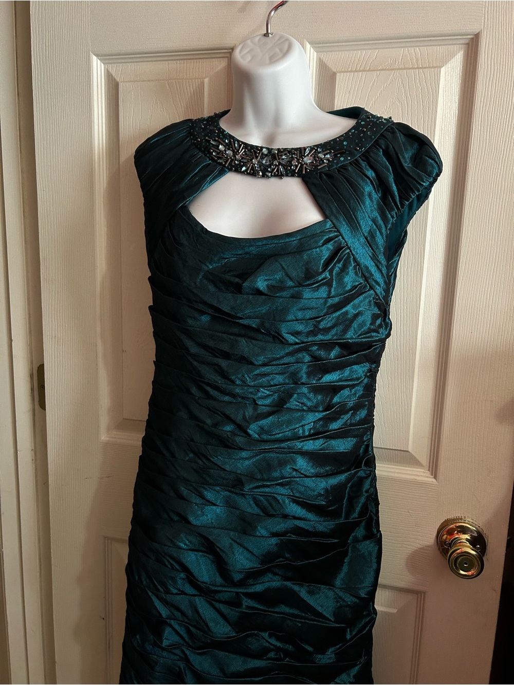 KM Collections Teal Ruched Evening Dress with Embellished Neckline size 8